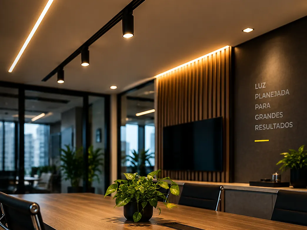 Sala de reunião com trilho de spots e iluminação linear em LED