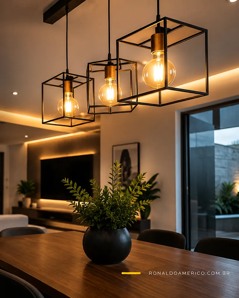 Sala com pendentes e iluminação indireta em LED