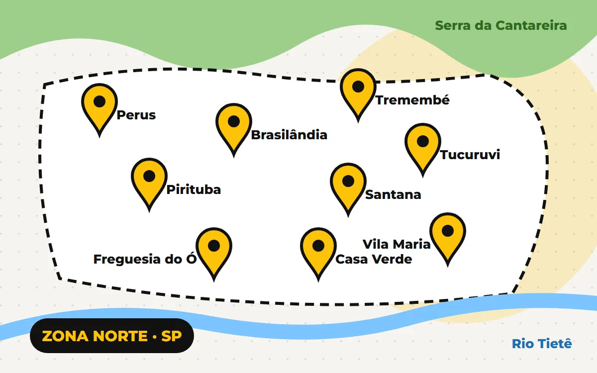 Mapa ilustrado dos bairros atendidos na Zona Norte de São Paulo